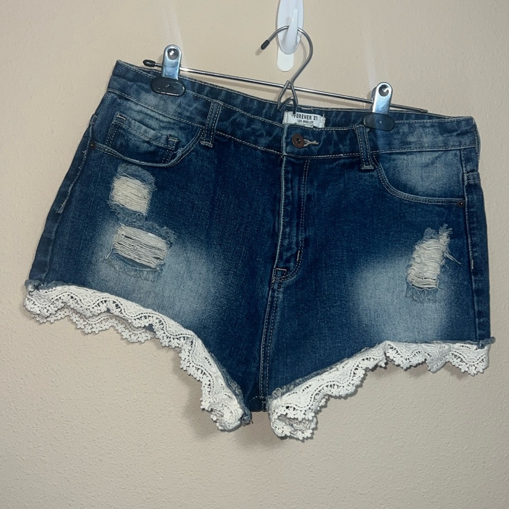 Forever 21 Women's Jean Shorts Size 31 Dark Wash Crochet Piping Destroyed
